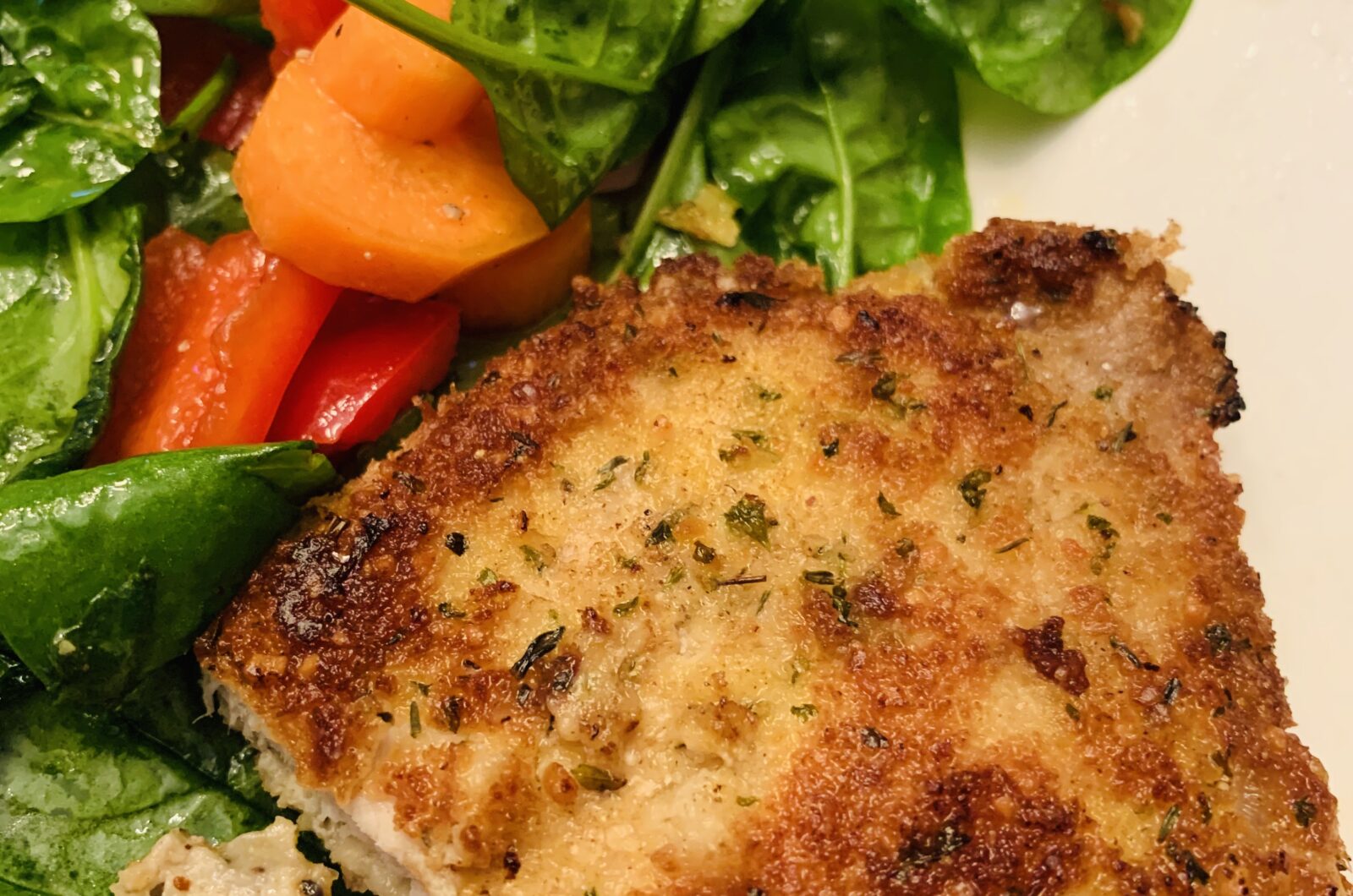 Parmesan Crusted Pork Chops over Baby Spinach Salad – Jersey Girl in ...