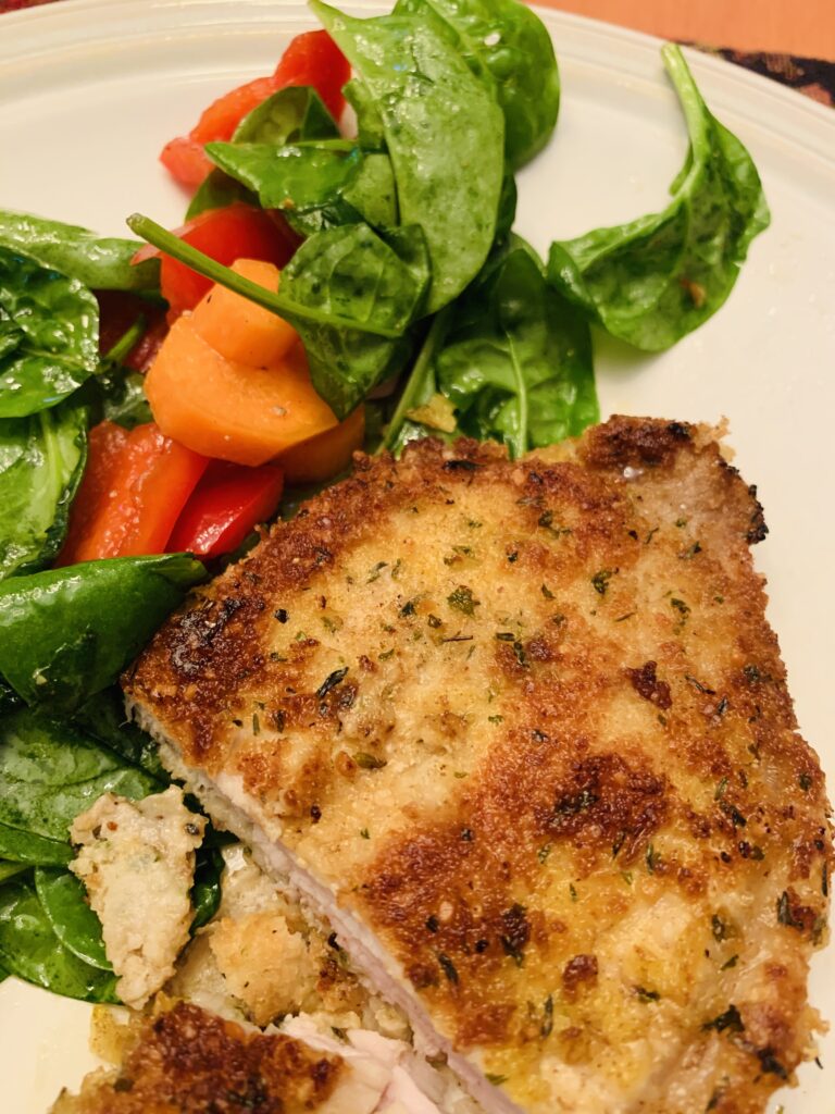 Parmesan Crusted Pork Chops over Baby Spinach Salad – Jersey Girl in ...